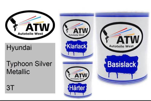 Hyundai, Typhoon Silver Metallic, 3T: 1L Lackdose + 1L Klarlack + 500ml Härter - Set, von ATW Autoteile West.